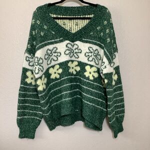SO Green Flower Print Stripe Boho Knitted Comfy Cozycore Oversized Sweater L